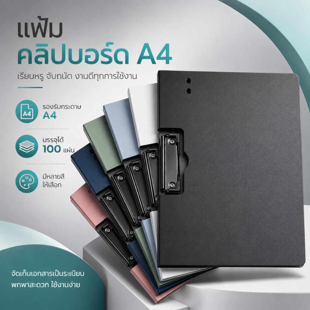 คลิปบอร์ดแนวนอน สีเทาเงิน แฟ้มหนีบเอกสาร ดีไซน์เรียบหรู สำหรับงานสำนักงานและการเรียน 1 ชิ้น A00097