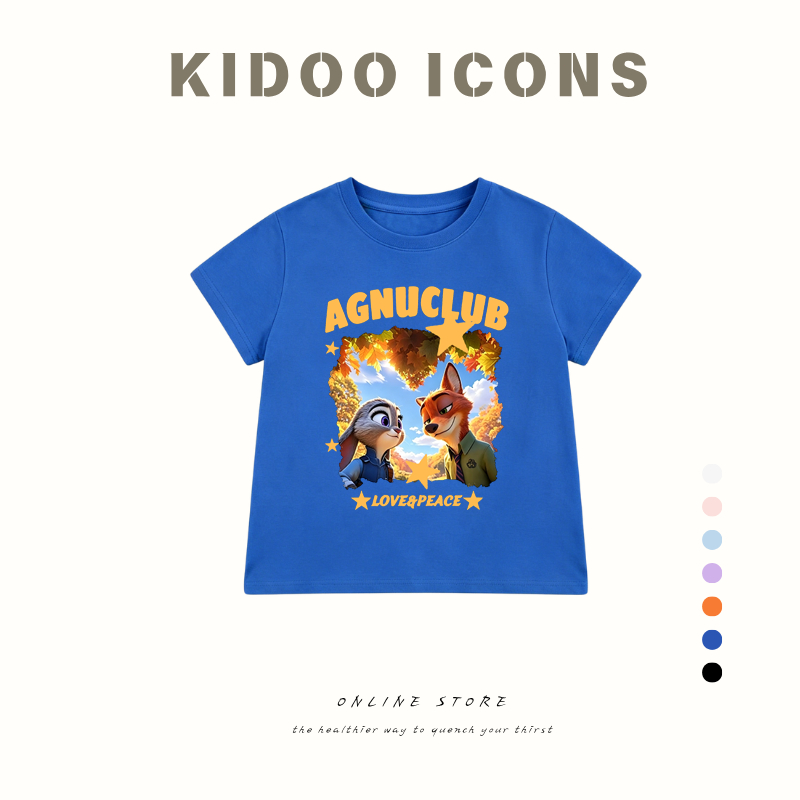 KIDOO ICONS เสื้อเด็กผู้ชายฤดูร้อน สไตล์ลำลอง ทรงหลวม ลายพิมพ์การ์ตูนซูโทเปีย เนื้อผ้านุ่มสบาย ผ้าฝ้าย 100%#A01+5460