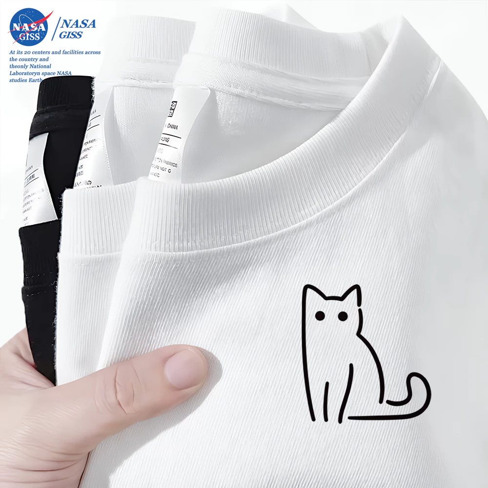 NASA เสื้อยืดชายหญิงแขนสั้น สไตล์มินิมอล summer แมว พิมพ์ลาย t-shirt แบบหลวม คอกลม ยับยากไม่ต้องรีด