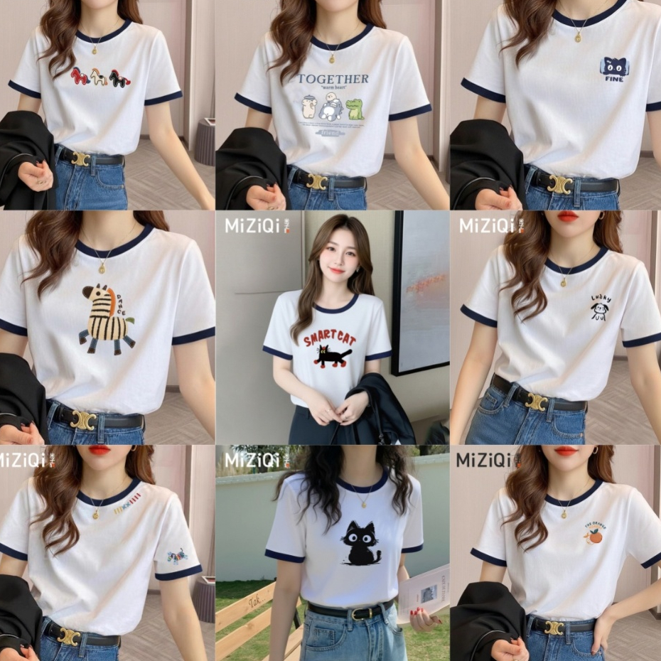 เสื้อยืดแขนสั้นคอกลม มิซิฉี สไตล์เกาหลีและกระโหลก สีขาว สำหรับผู้หญิง