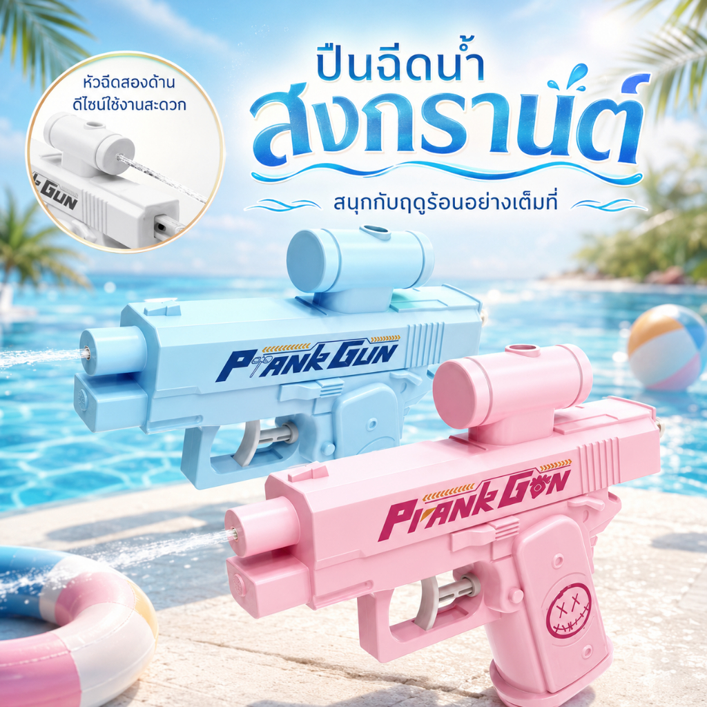ปืนฉีดน้ำของเล่น สีชมพู ฉีดน้ำสองด้าน ของเล่นเล่นน้ำ สำหรับปาร์ตี้และกิจกรรมกลางแจ้ง A00102