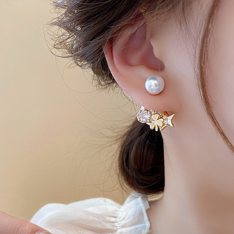 ทองแท้เคลือบด้วยไฟฟ้าเข็มเงินเพทายดอกไม้ดาวต่างหูมุกแฟชั่นอารมณ์ต่างหูต่างหูเกาหลีย้อนยุค