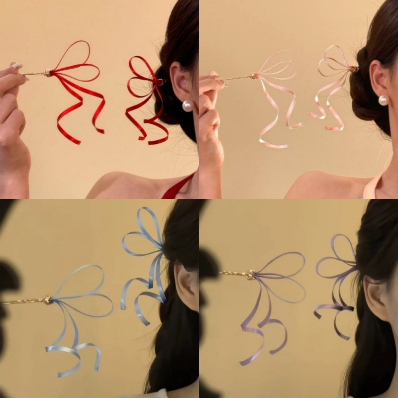 Anti-Gravity โบราณสีชมพู Bow Hairpin ใหม่จีน Hairpin ผมม้วน Hanfu อุปกรณ์เสริมผม