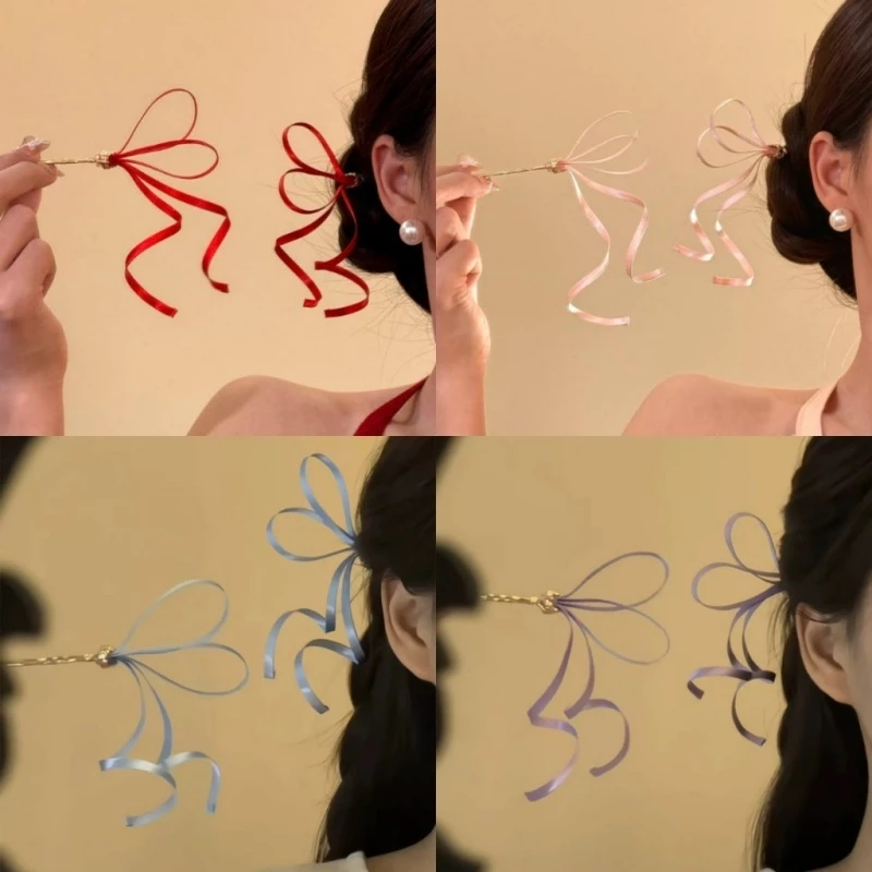 Anti-Gravity โบราณสีชมพู Bow Hairpin ใหม่จีน Hairpin ผมม้วน Hanfu อุปกรณ์เสริมผม