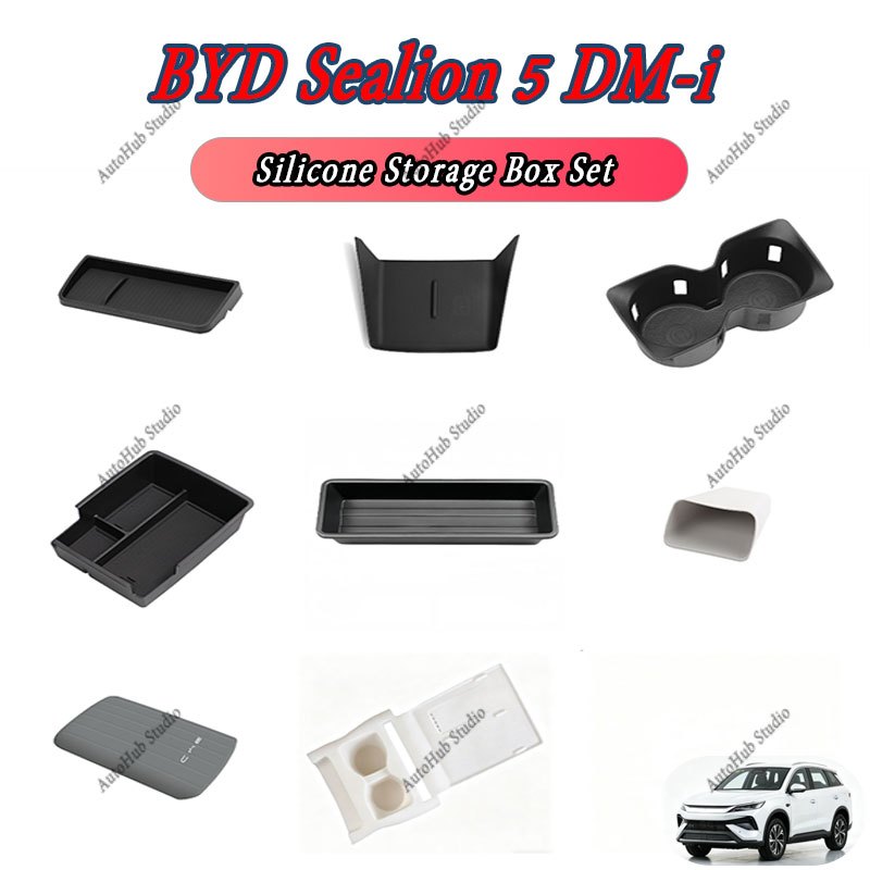 【BYD Sealion 5 DM-i】ชุดกล่องเก็บของซิลิโคน อุปกรณ์ตกแต่งภายในรถ ที่ใส่แก้วน้ำในรถ และชิ้นตกแต่งพวงมาลัย ทำจากวัสดุ ABS และ TPE อุปกรณ์เสริมรถยนต์, ลายคาร์บอนไฟเบอร์, สติกเกอร์ติดรถ