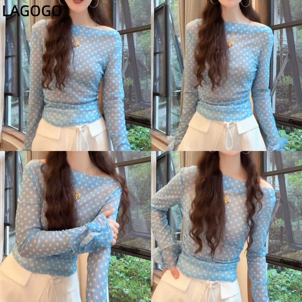 เสื้อยืดผู้หญิงสีฟ้าลายจุดและตาข่ายแขนยาว สไตล์สามมิติสำหรับฤดูร้อน