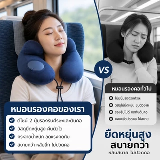 หมอนรองคอ กดเป่าลมอัตโนมัติ สำหรับเดินทาง ผ้าคริสตัลเวลเวท นุ่มสบาย รองรับคอ 360 องศา พกพาง่าย ใช้บนเครื่องบิน รถยนต์ ออฟฟิศ และงีบพักผ่อน