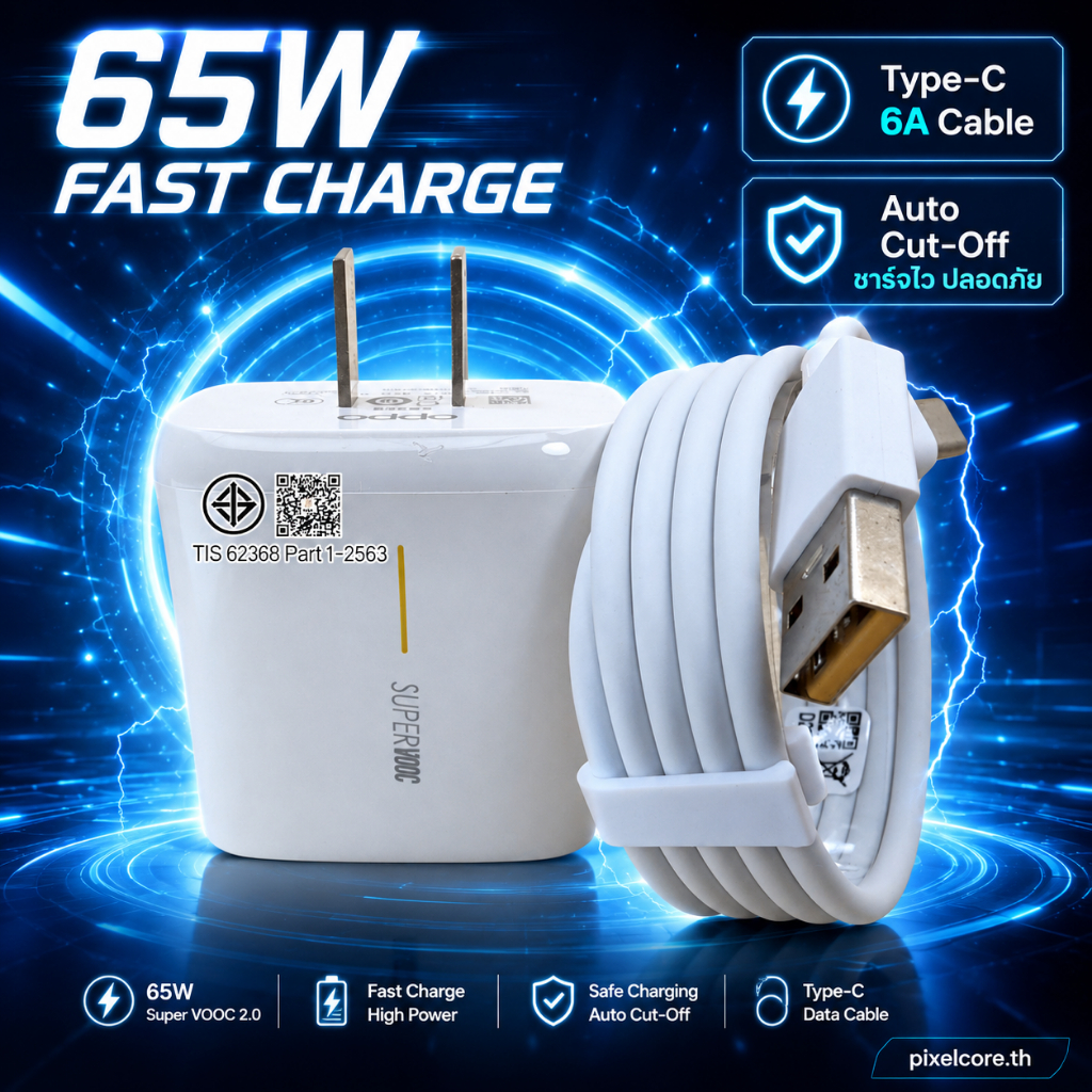 หัวชาร์จ 65W Type-C Super VOOC 2.0 พร้อมสายชาร์จ 6A ชาร์จเร็ว ปลอดภัย รองรับ Reno7 R17pro Realme หลายรุ่น ใช้ได้ทั้งบ้านและพกพา