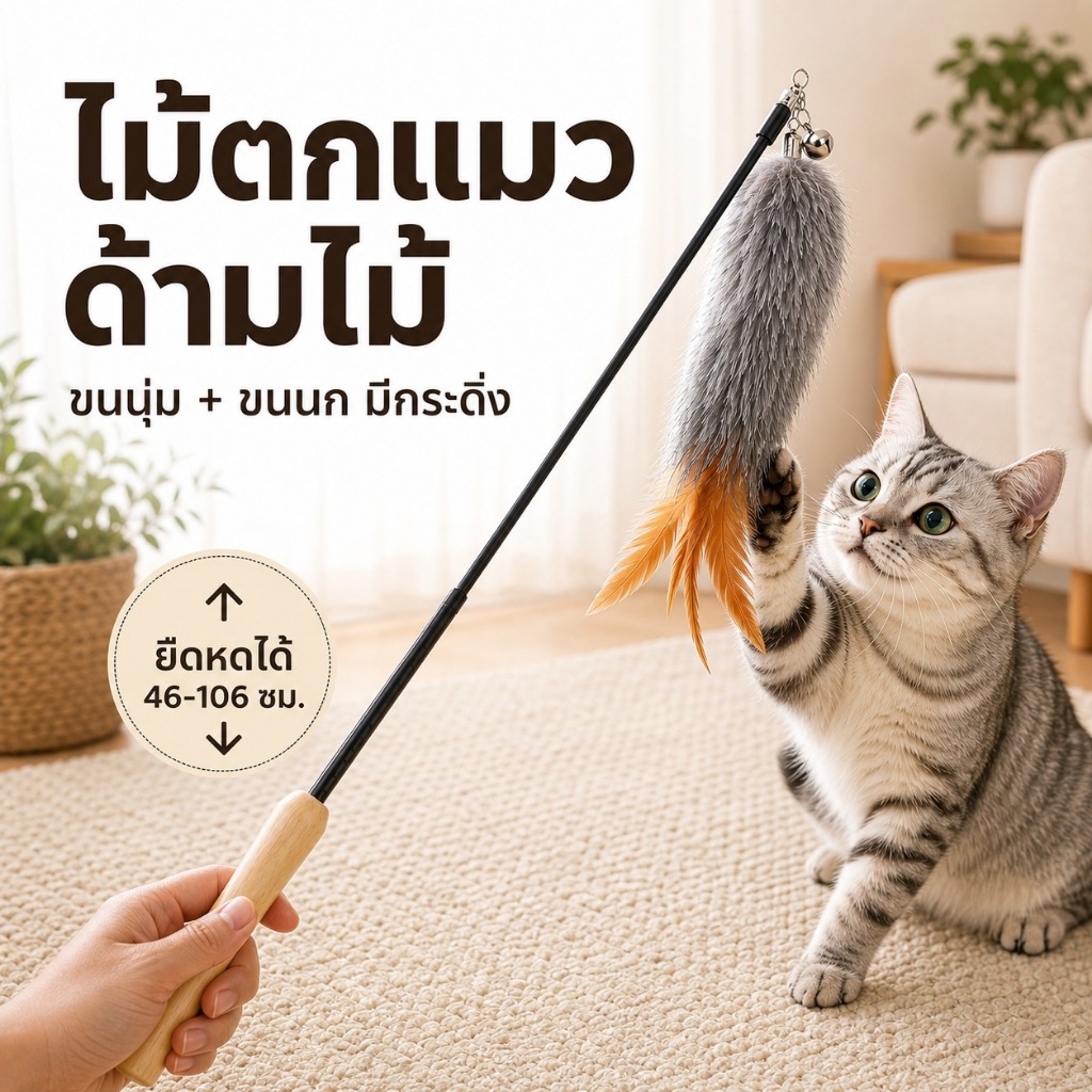 ไม้ตกแมวด้ามไม้ ยืดหดได้ 46-106 ซม. หัวเปลี่ยนได้ ขนฟูนุ่ม มีกระดิ่ง ของเล่นแมวแบบโต้ตอบ