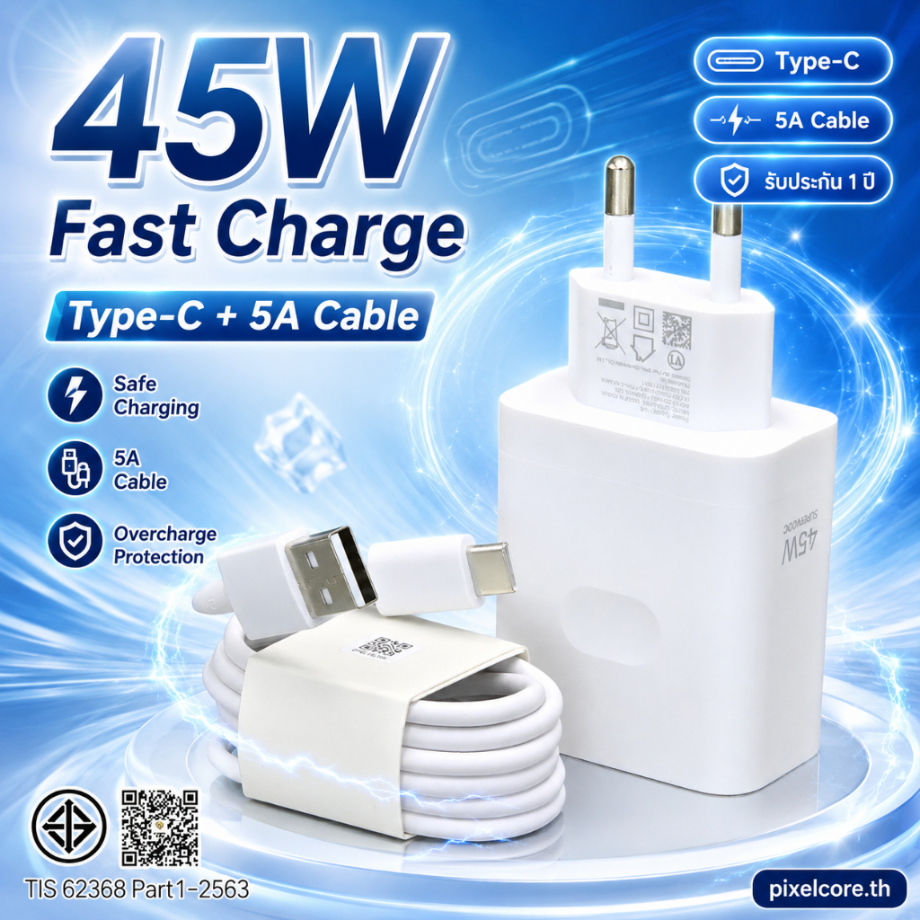หัวชาร์จเร็ว 45W Type-C Super VOOC 2.0 พร้อมสายชาร์จ 1-2M รองรับชาร์จไว 5A โอนถ่ายข้อมูลได้ ทนทาน ใช้ได้กับ Realme C63 12 12x รับประกัน 1 ปี