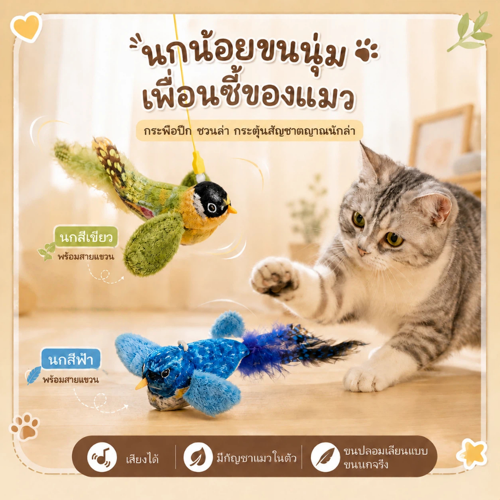 ของเล่นแมว ของเล่นสัตว์เลี้ยง ไม้ล่อแมว ขนนก กัญชาแมว การหมุน 360° ดีไซน์ทัมเบลอร์ แคทนิป + ลูกบอลกระดิ่ง