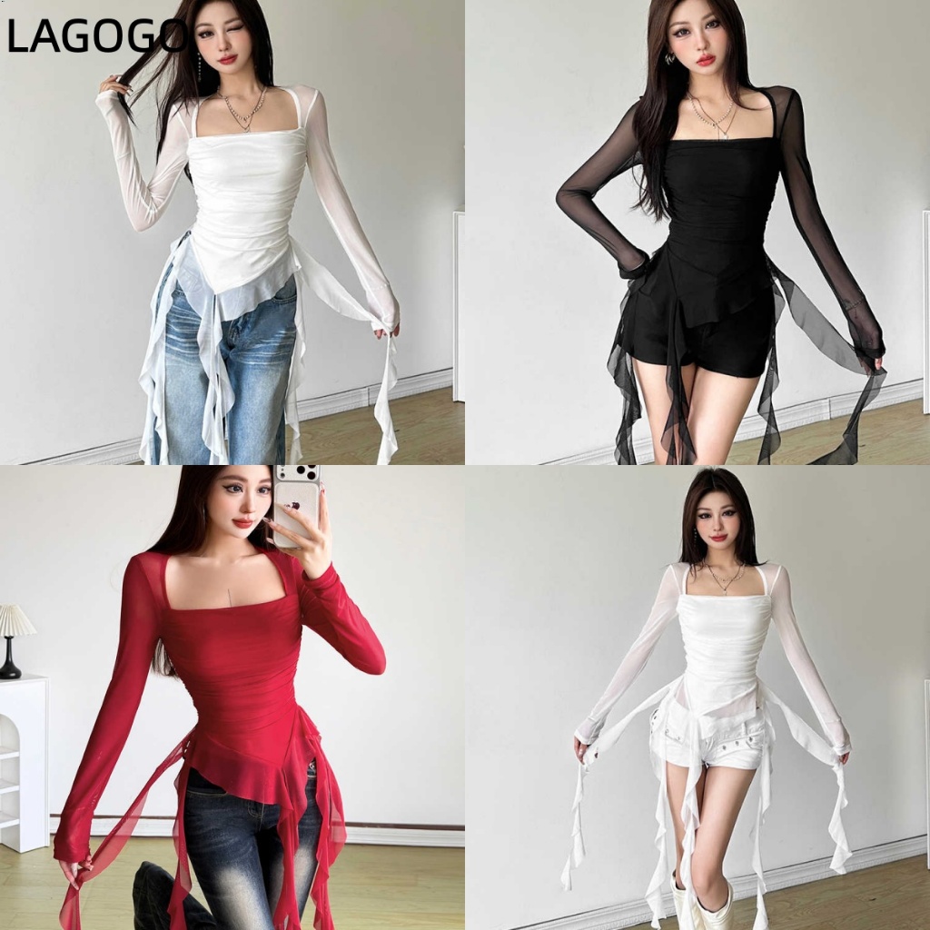 สไตล์สาวร้อน Ruffled สแควร์คอ Slimmer ดูเสื้อยืดแขนยาวผู้หญิงตาข่ายเซ็กซี่ไม่สม่ําเสมอ Top