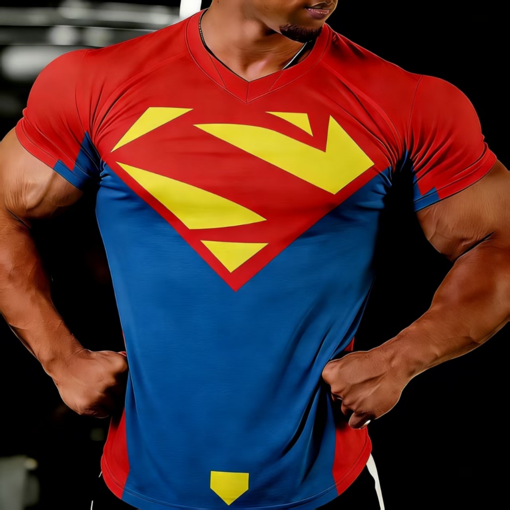 2026 ใหม่ Superman Themed Gym เสื้อผู้ชายแห้งเร็วยืดหยุ่นการบีบอัดด้านบนสําหรับวิ่งและเพาะกาย