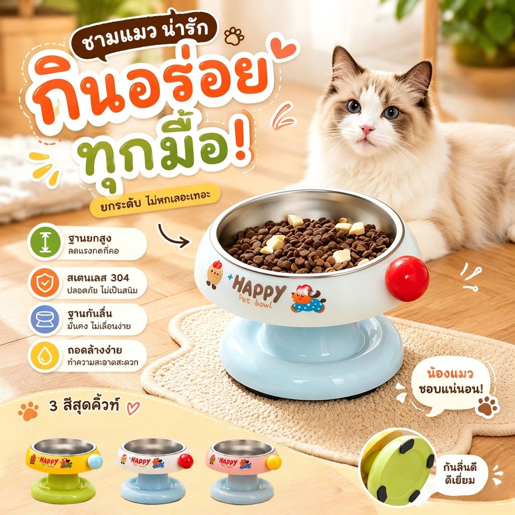 ชามสแตนเลสยกสูง ถอดล้างได้ง่าย มีลายสวยและกันลื่น ช่วยให้สัตว์เล้ียงกินอาหารสบายยิ่งขึ้น