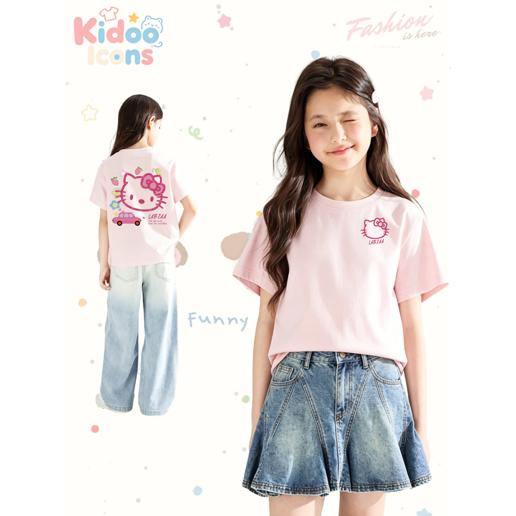 KIDOO ICONS เสื้อยืดเด็กผู้หญิงคอกลมฤดูร้อน สไตล์ลำลองทรงหลวม ลาย Hello Kitty การ์ตูน เนื้อนุ่มยืดหยุ่น ผ้าฝ้าย100% #A01+880