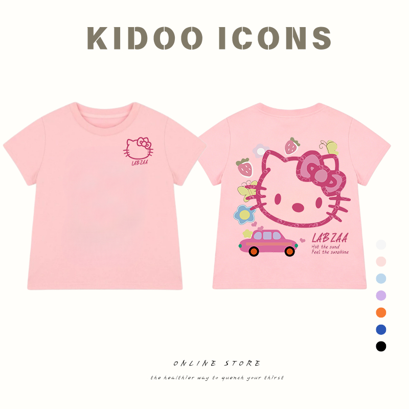 KIDOO ICONS เสื้อยืดเด็กผู้หญิงคอกลมฤดูร้อน สไตล์ลำลองทรงหลวม ลาย Hello Kitty การ์ตูน เนื้อนุ่มยืดหยุ่น ผ้าฝ้าย100% #A01+880