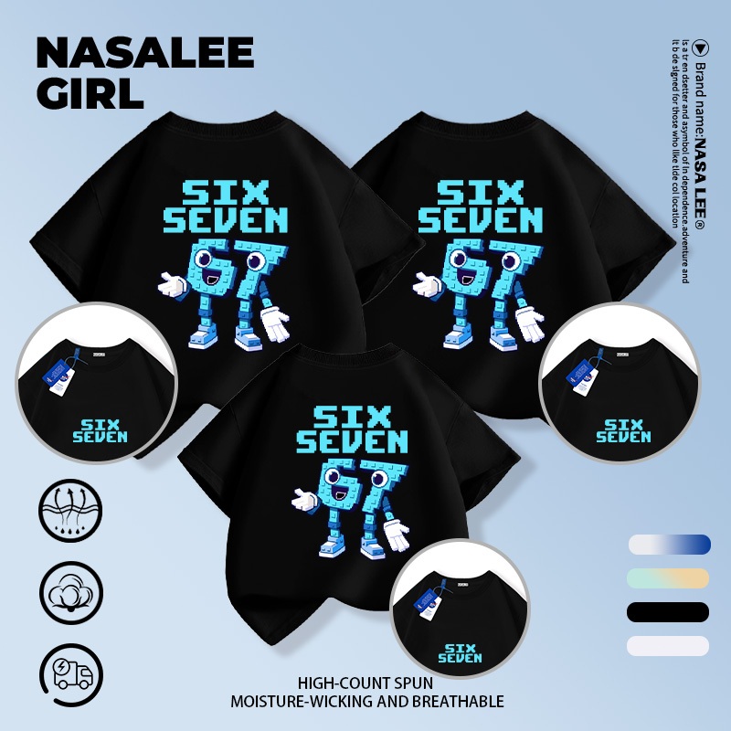 【จัดส่งภายในวันเดียวกัน】 เสื้อยืดคอกลมผ้าฝ้าย NASA รุ่นคลาสสิคสีดำ ลาย sixseven ทรงหลวม เหมาะสำหรับครอบครัว 3-4 คน ใส่ท่องเที่ยวหรือปาร์ตี้