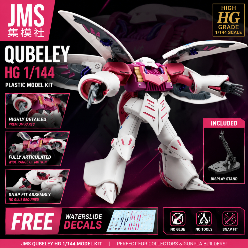 JMS Qubeley HG 1/144 Plastic Model Kit พร้อมฟรี Waterslide Decals & Display Stand