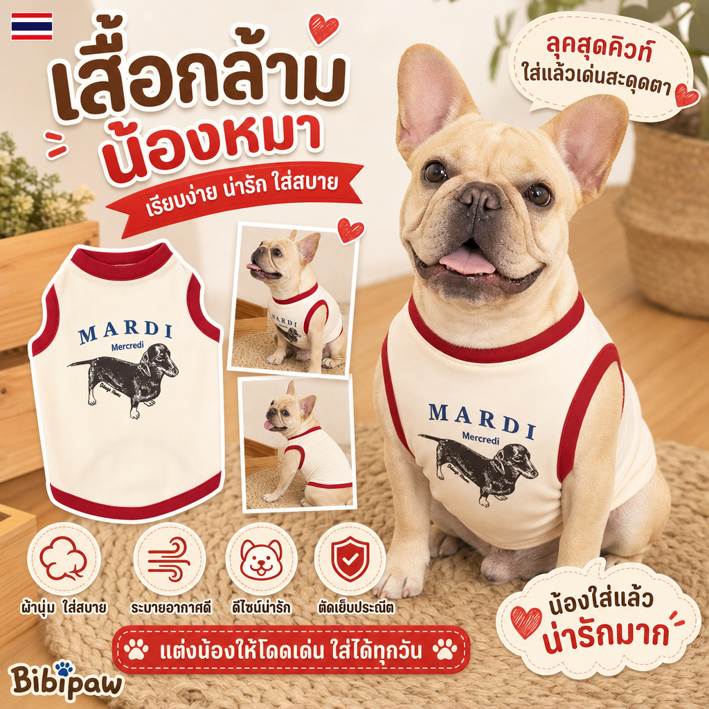 เสื้อสุนัข Mardi ฤดูร้อน ผ้าบางเบา ระบายอากาศ ใส่สบาย ป้องกันหน้าท้อง สำหรับพันธุ์เล็ก