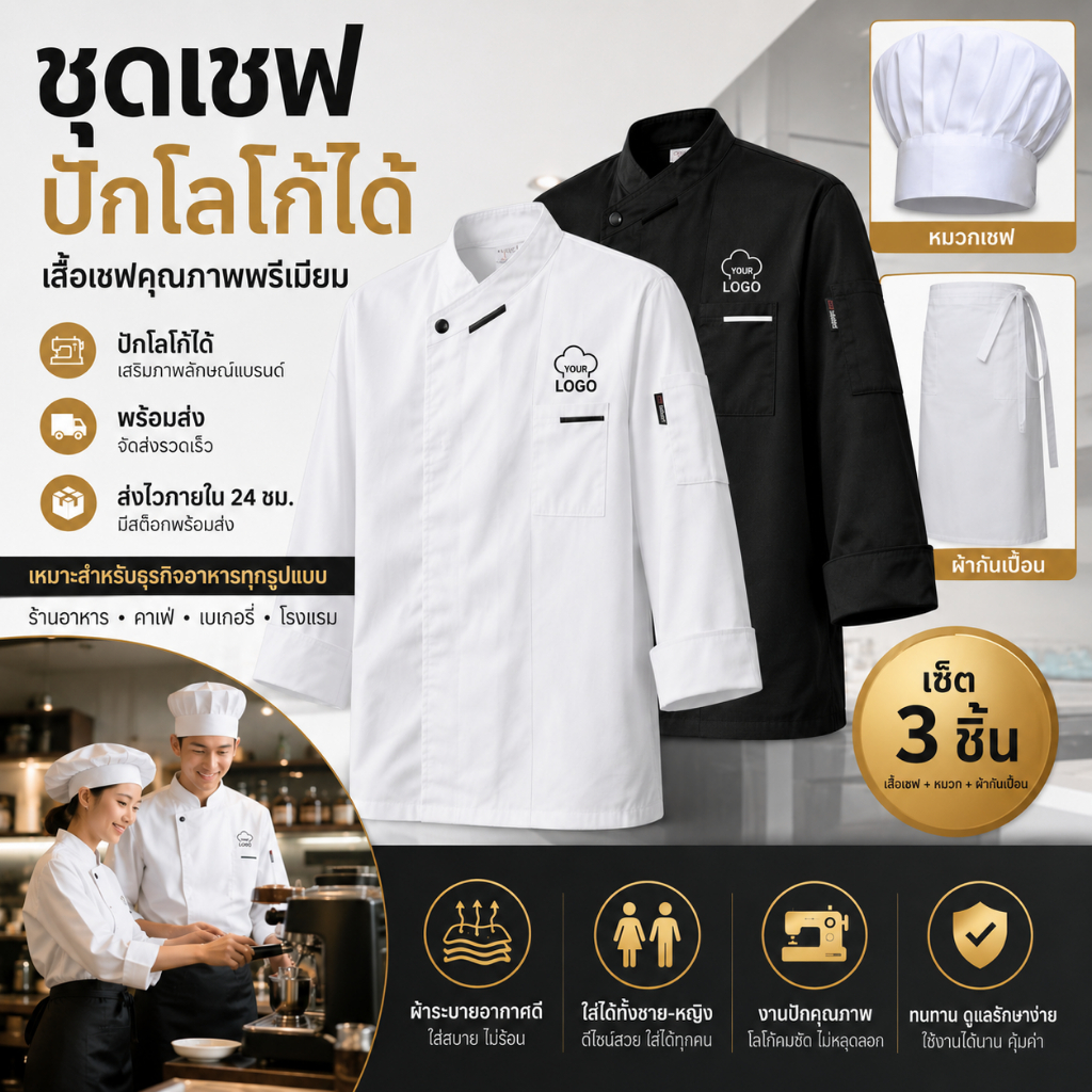 Ready Stock ชุดเชฟผู้ชาย LOGO ที่กําหนดเอง ชุดทํางานระบายอากาศ ชุดนักเรียน