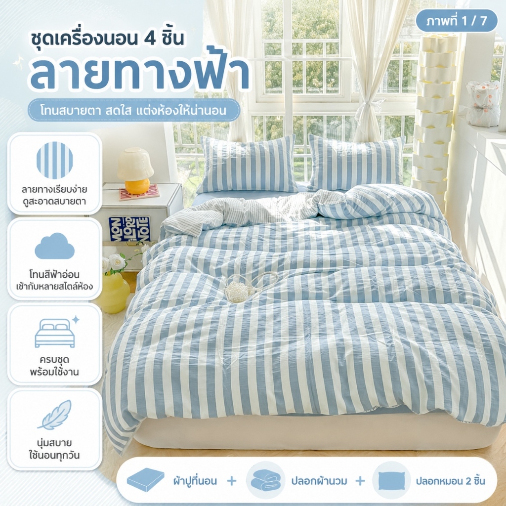 ชุดเครื่องนอน 4 ชิ้น ผ้าปูที่นอนแบบไม่รัดมุม ปลอกผ้านวม ปลอกหมอน 2 ใบ ผ้านุ่ม นอนสบาย พร้อมส่ง
