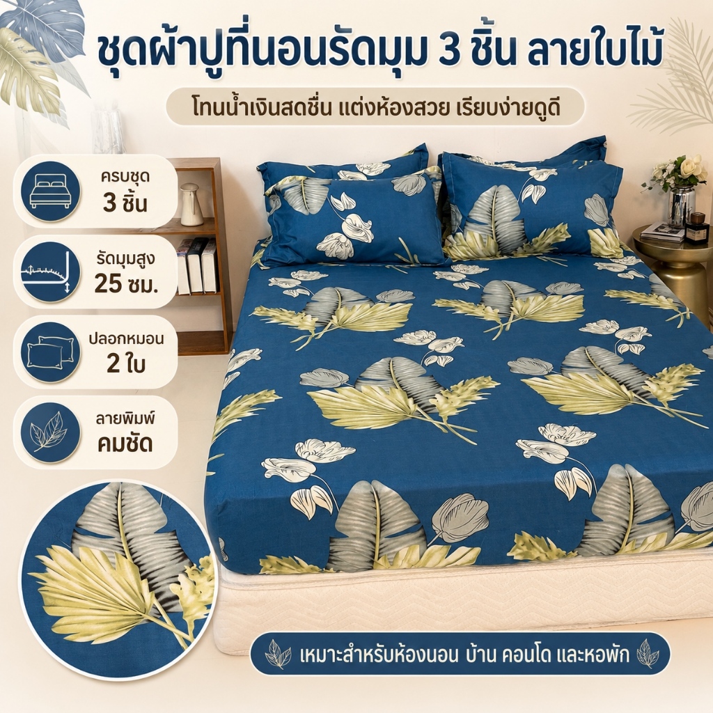 นุ่มสบาย พร้อมส่ง ชุดผ้าปูรัดมุม 3 ชิ้น ลายพิมพ์ ขนาด 3 ฟุต 3.5 ฟุต 5 ฟุต 6 ฟุต ใช้เปลี่ยนบรรยากาศห้อง