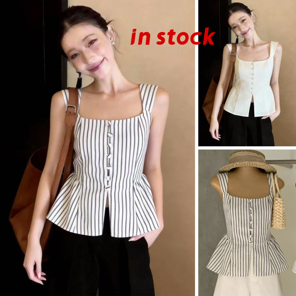 [Grojoy] (คลังสินค้าพร้อม) เสื้อผ้าสุภาพสตรีฤดูร้อน French Breathable Stripes Slim-fit Slimmer Look Vest Top A0164