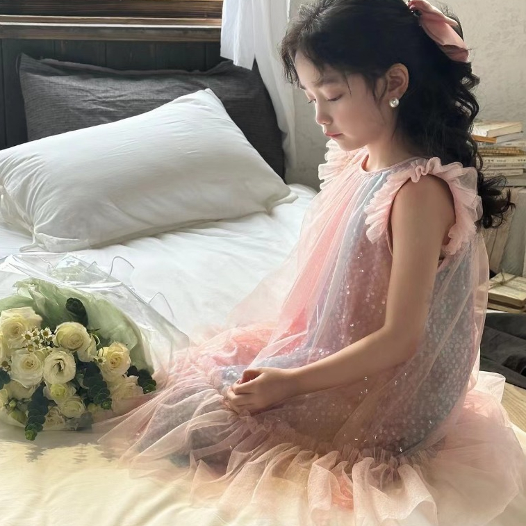 💖ชุดเจ้าหญิงสีรุ้งหวาน เด็กผู้หญิง ตัดผ่อนคลาย ซับในผ้าฝ้ายนุ่มสบาย เหมาะวันเกิด งานเลี้ยง การแสดง