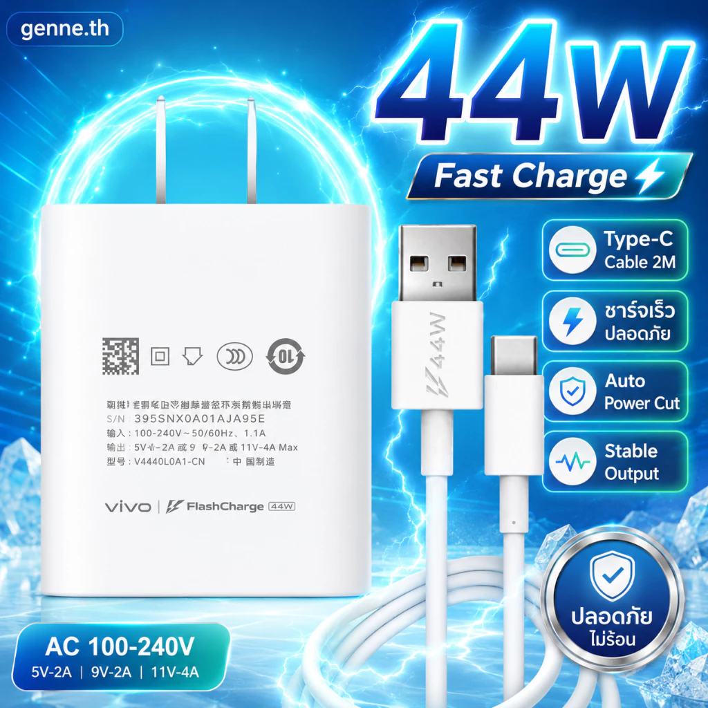 ที่ชาร์จเร็ว VIVO แท้ 44W Type-C พร้อมสายชาร์จยาว 2 เมตร รองรับ Flash Charge เหมาะกับ V23 V23e Nex3 X70 X70 Pro Y76 ใช้ได้ทั้งชาร์จมือถือ เกม ทำงาน และพกพาเดินทาง