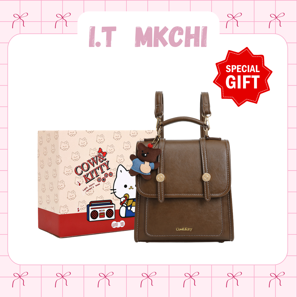 IT mkchi x CowKitty กระเป๋าเป้สะพายหลังผู้หญิงแฟชั่น สีน้ำตาลวินเทจ ใช้งานได้หลายแบบ สะพายหลัง สะพายข้าง ถือได้ เหมาะสำหรับวัยเรียนและวัยทำงาน