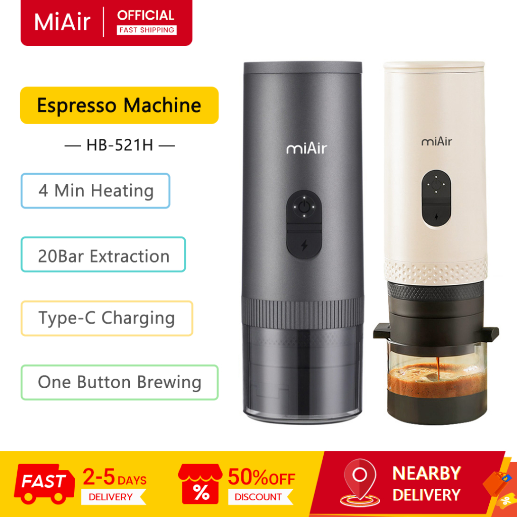 MiAir Portable Espresso Machine HB-521H 2-in-1 Capsule/Ground Coffee Mini & Portable Coffee Machine