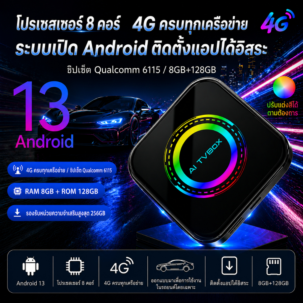 8+128GB Wireless Carplay Ai Box 8-Core Android 13.0 แบบมีสายไปยังอะแดปเตอร์ CarPlay ไร้สาย Android Auto & Apple CarPlay