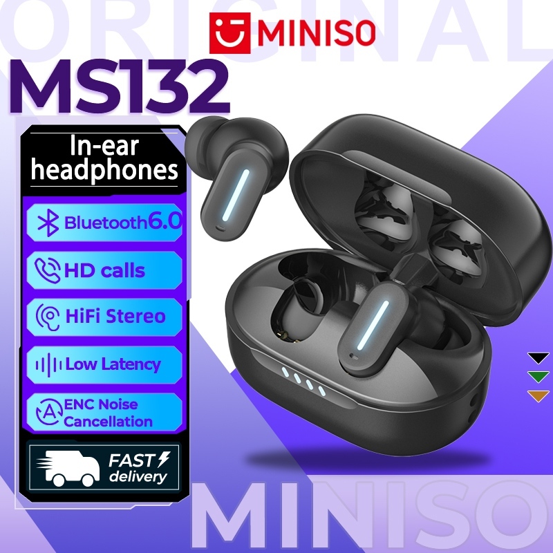 MINISO MS132 Bluetooth 6.0 หูฟังอินเอียร์ TWS หูฟังบลูทูธไร้สาย พร้อมไมโครโฟนคู่ ระบบตัดเสียงรบกวนอัจฉริยะ AI กันน้ำระดับ IPX5 ระบบเสียง Hi-Fi หูฟังสำหรับเล่นเกม