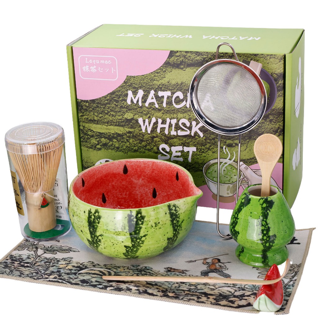 [8 ชิ้น] Matcha Whisk Set - ชามเซรามิกทรงกลมแตงโม(Cwan),คนไม้ไผ่(Chasen),Scoop,Stand,แป้งSifter - ชุดงานฝีมือเครื่องดื่มลาเต้ญี่ปุ่นแบบดั้งเดิม