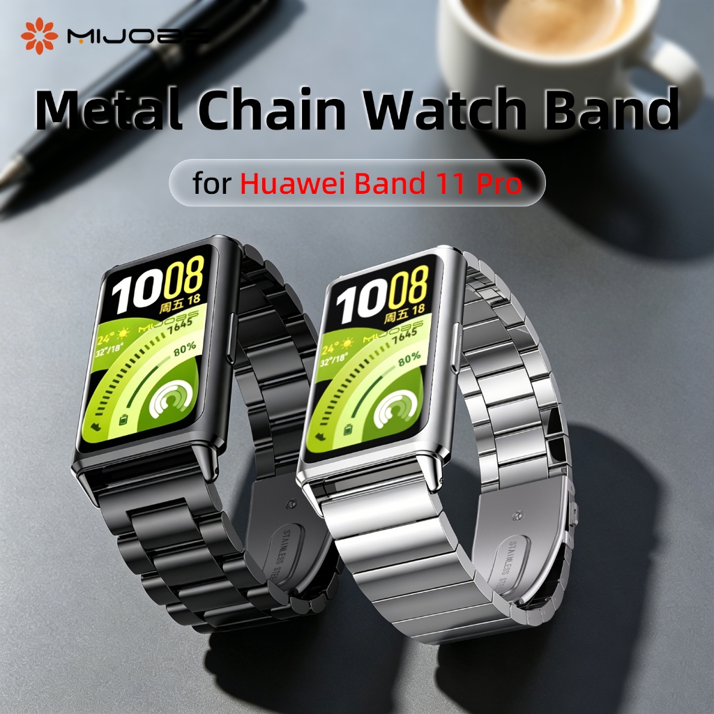 MIJOBS สายโลหะ สำหรับ Huawei Band 11 Pro สายโซ่สำหรับนาฬิกา Huawei Band 11 Pro NFC สายสแตนเลสสตีลแบบสามลูกปัด รัดข้อมือสำรอง