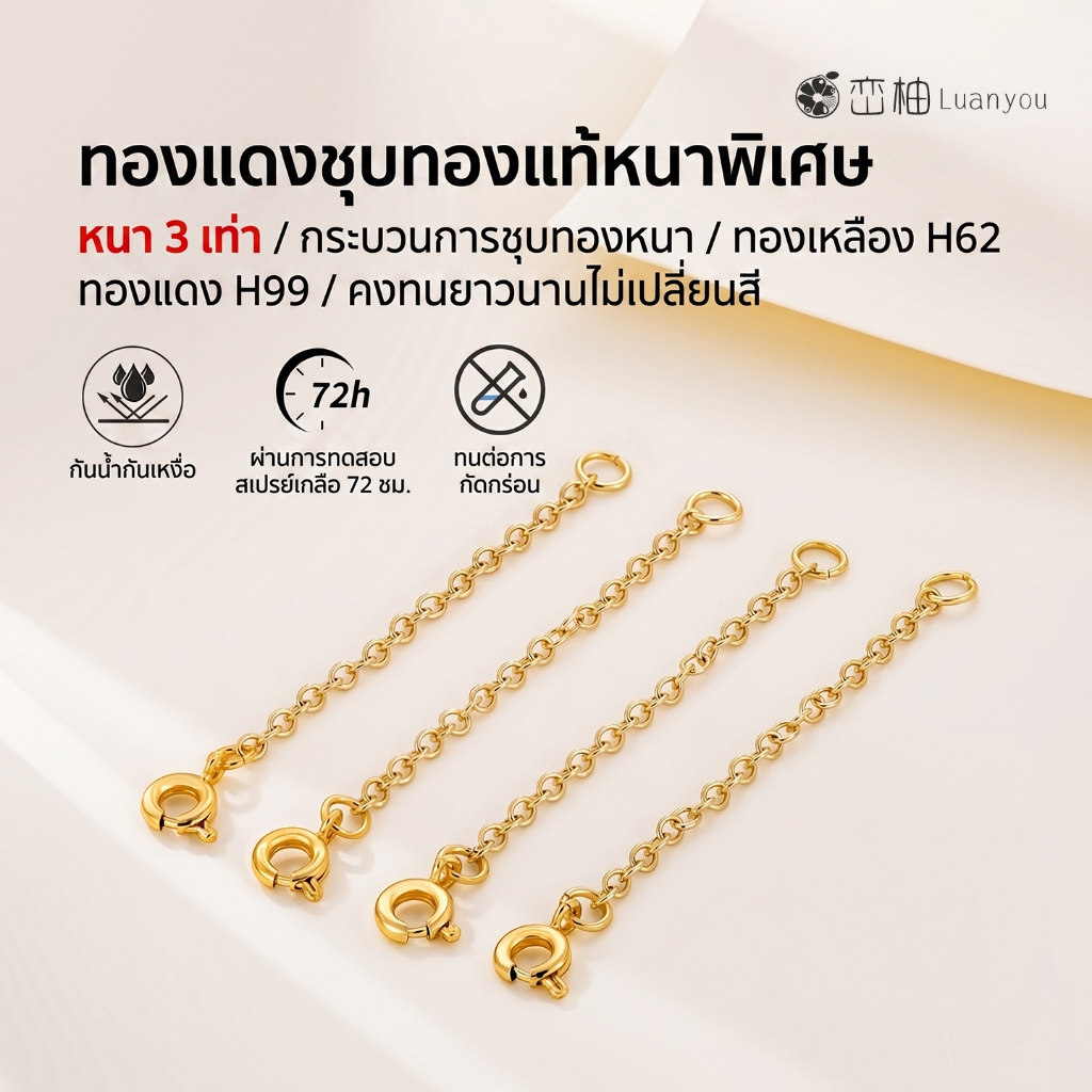 LuanYou 2Pcs โซ่ต่อขยายชุบทองแท้ 18K เกรดพรีเมียม ทองแดง H99 ไม่ลอกไม่ดำ ตะขอสปริงกลม โซ่ต่อสร้อย DIY 6 ขนาด