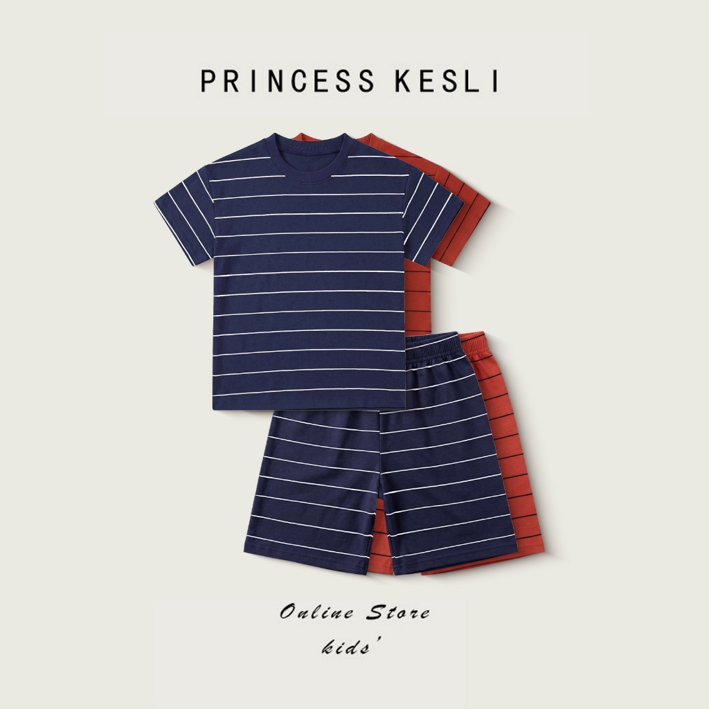 Princess Kesli เสื้อผ้าเด็ก สำหรับเด็กผู้ชาย ชุดนอนเซ็ต เสื้อยืดลายทาง+กางเกงขาสัน 2-12ปี เสื้อวันแม่เด็ก