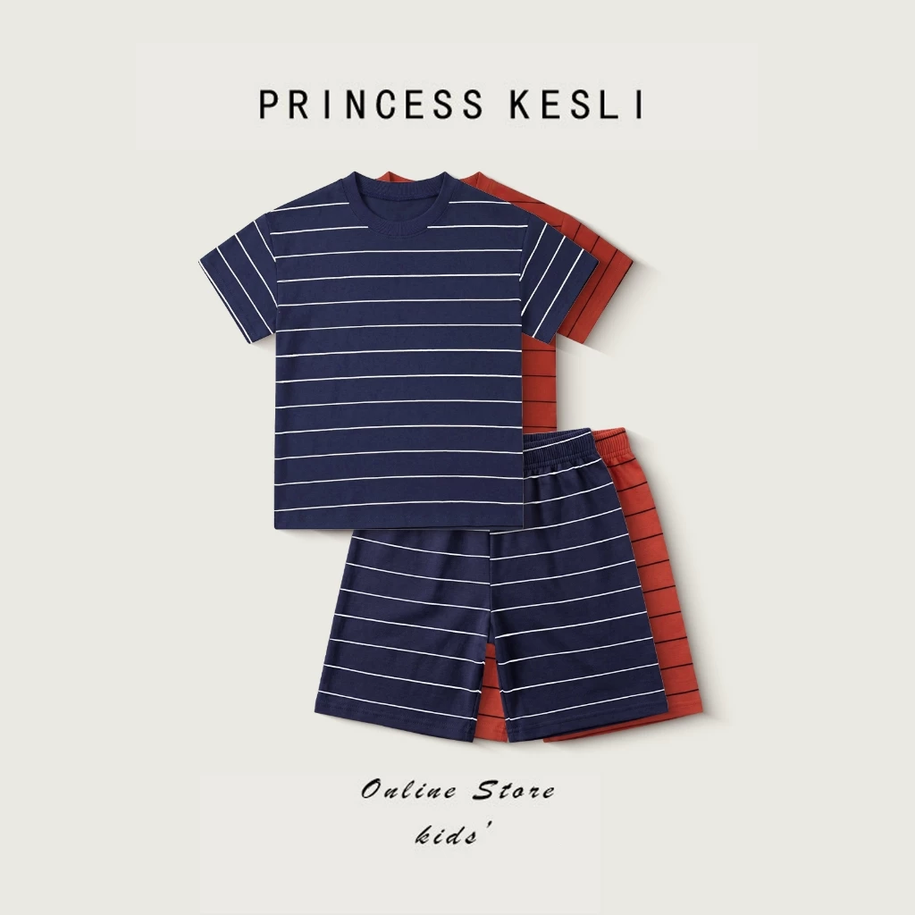 Princess Kesli เสื้อผ้าเด็ก สำหรับเด็กผู้ชาย ชุดนอนเซ็ต เสื้อยืดลายทาง+กางเกงขาสัน 2-12ปี เสื้อวันแม่เด็ก