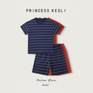 Princess Kesli เสื้อผ้าเด็ก สำหรับเด็กผู้ชาย ชุดนอนเซ็ต เสื้อยืดลายทาง+กางเกงขาสัน 2-12ปี เสื้อวันแม่เด็ก