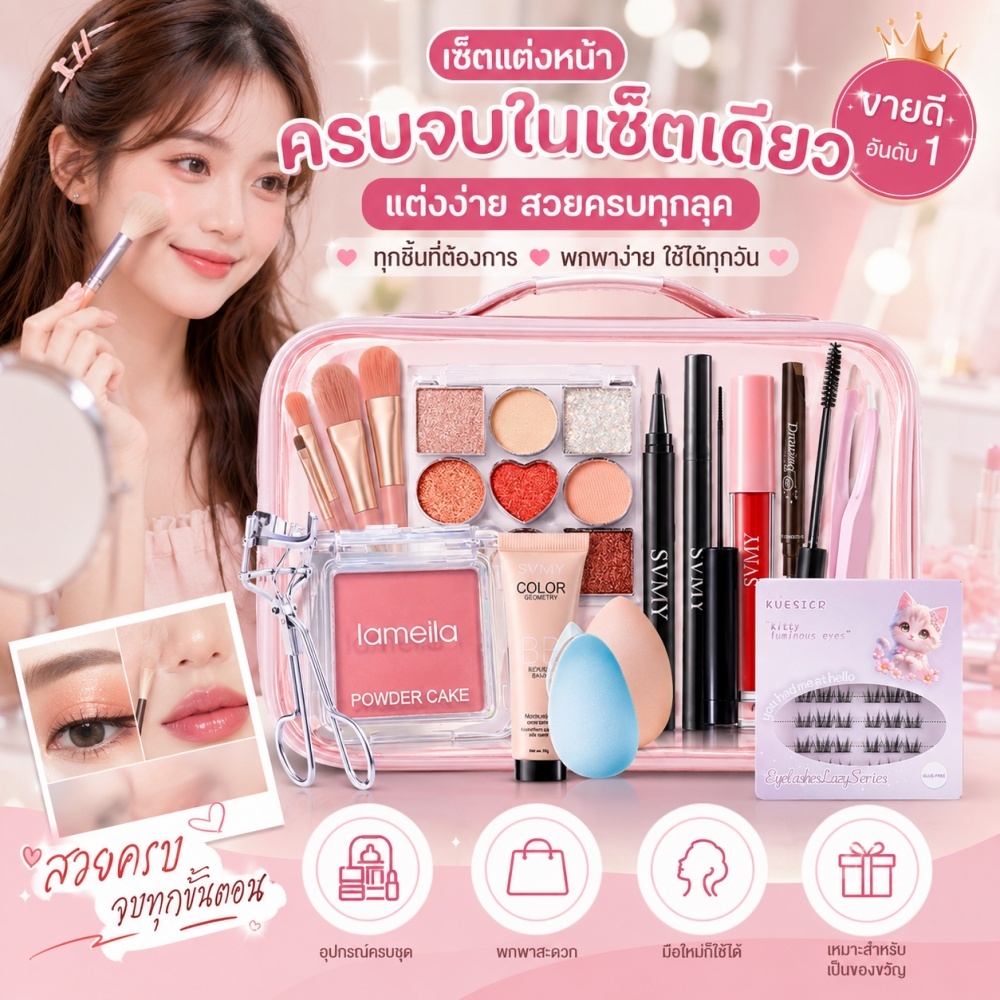 ชุดแต่งหน้า 5-29 ชิ้นรวมขนตาปลอม พาเลทอายแชโดว์ ลิปสติก แป้งฝุ่น บีบีครีม ดินสอเขียนคิ้ว และอายไลเนอร์ เหมาะสําหรับมือใหม่ ราคาไม่แพง และก