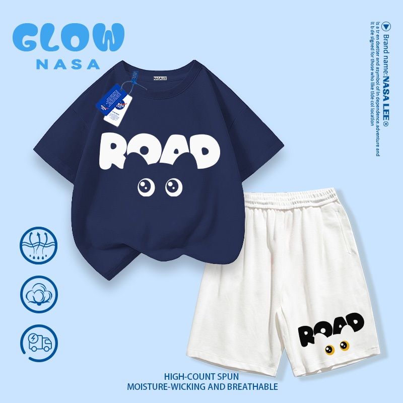 [จัดส่งกรุงเทพ] NASA Co-Branded Children Skin-Friendly Breathable Navy Blue Suit Letter Cat Cat Pattern Boys Girls Summer Must-Have