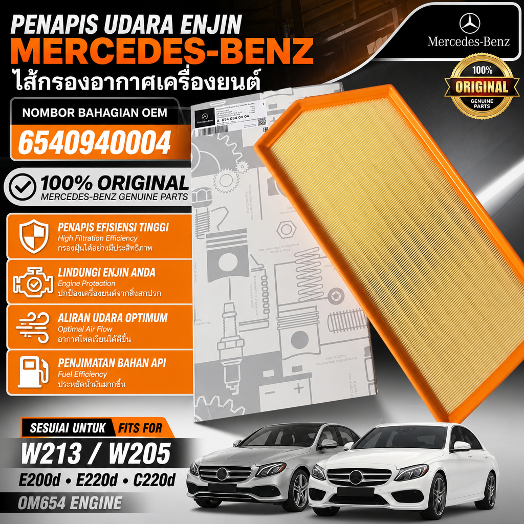 ไส้กรองอากาศเครื่องยนต์ MERCEDES BENZ ของแท้ 100% 6540940004 สําหรับ W213 W205 E200D E220D C220D OM6