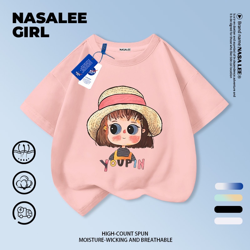 [กรุงเทพฯ จัดส่ง] เด็กผ้าฝ้ายสีชมพูเสื้อยืดการ์ตูนหมวกสาวออกแบบสนุกพิมพ์ฤดูร้อนเสื้อผ้าระบายอากาศแขนสั้นเหมาะสําหรับ 3-16ชายหญิง