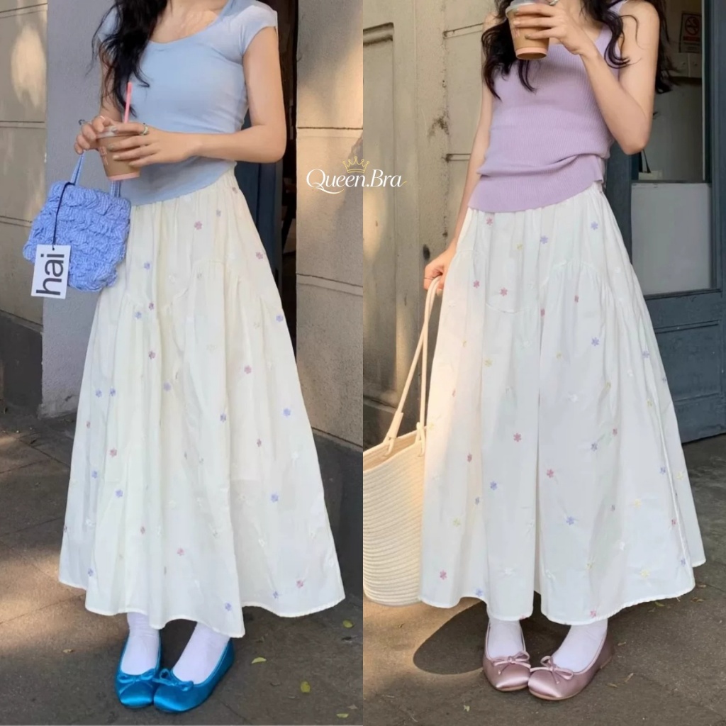 กระโปรงชั้นๆ กระโปรงยาวสีขาว ลายพิมพ์ดอกไม้ สไตล์เกาหลี เอวยืด   เนื้อผ้าใส่สบาย สไตล์หรูหรา