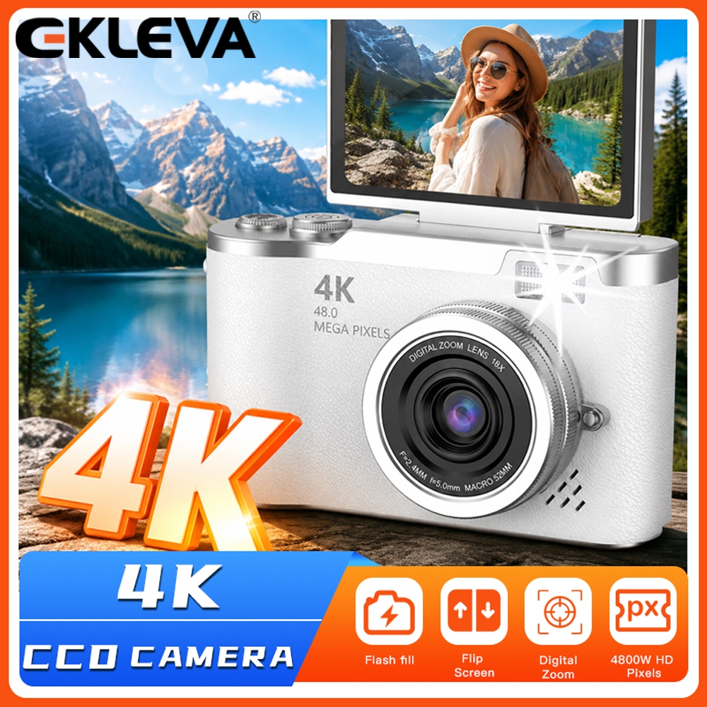 EKLEVA กล้องเซลฟี่ 4K 48MP CCD 180° Flip Screen 8X Zoom Portable สําหรับ Vlog