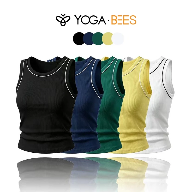 เสื้อกล้ามครอปสีขาวสําหรับผู้หญิงเสื้อตัวในคอกลมแขนกุดลําลองและออกกําลังกายสีดํา