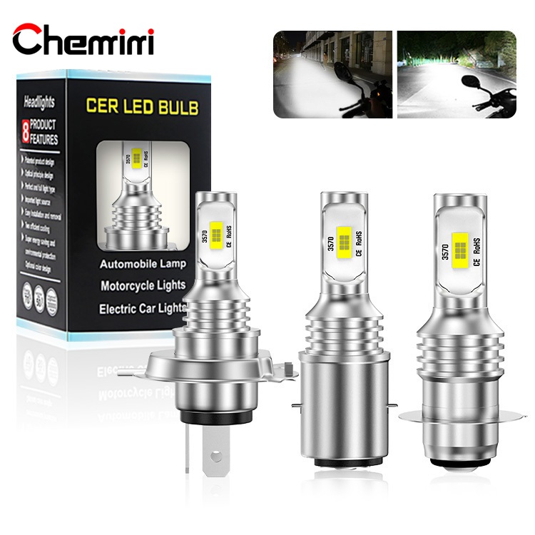 CHEMINI 1PC รถจักรยานยนต์ H4 LED ไฟหน้าหลอดไฟ/H6 P15D BA20D Hi Lo Beam/3570 ชิป AC/DC 12V สกู๊ตเตอร์หลอดไฟ LED