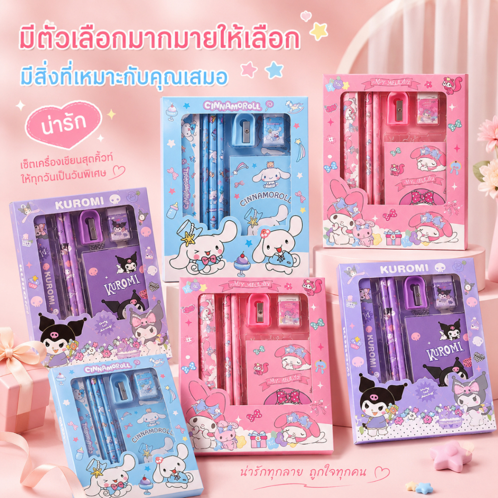 เซ็ตเครื่องเขียนนักเรียน 6 ชิ้น ลายการ์ตูนน่ารัก อุปกรณ์การเรียน สำหรับเด็กนักเรียน A00117