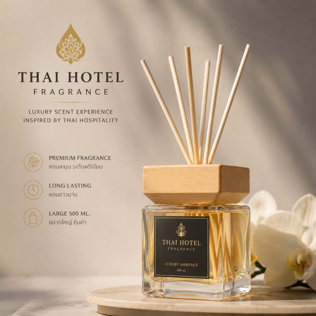 ก้านไม้หอมปรับอากาศ 500ml น้ำมันหอมระเหยจากพืชธรรมชาติ กลิ่นโรงแรม หอมยาวนาน 180 วัน