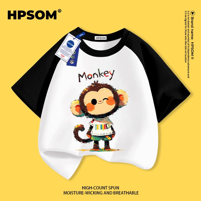 [จัดส่งภายในกทม. วันเดียว] เด็กสีดําสีขาวผ้าฝ้ายแท้ระบายอากาศเสื้อยืดบรรยากาศการ์ตูนลิง เด็กๆชอบ รูปแบบน่ารัก 3-16 ปีหลวมสบายๆแขนสั